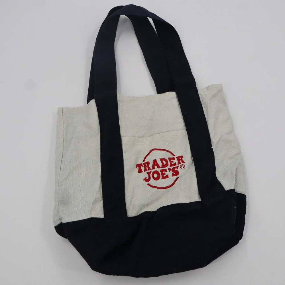Trader Joe's Mini Canvas Tote Bag Small Navy Blue Cream Embroidered Reusable EUC